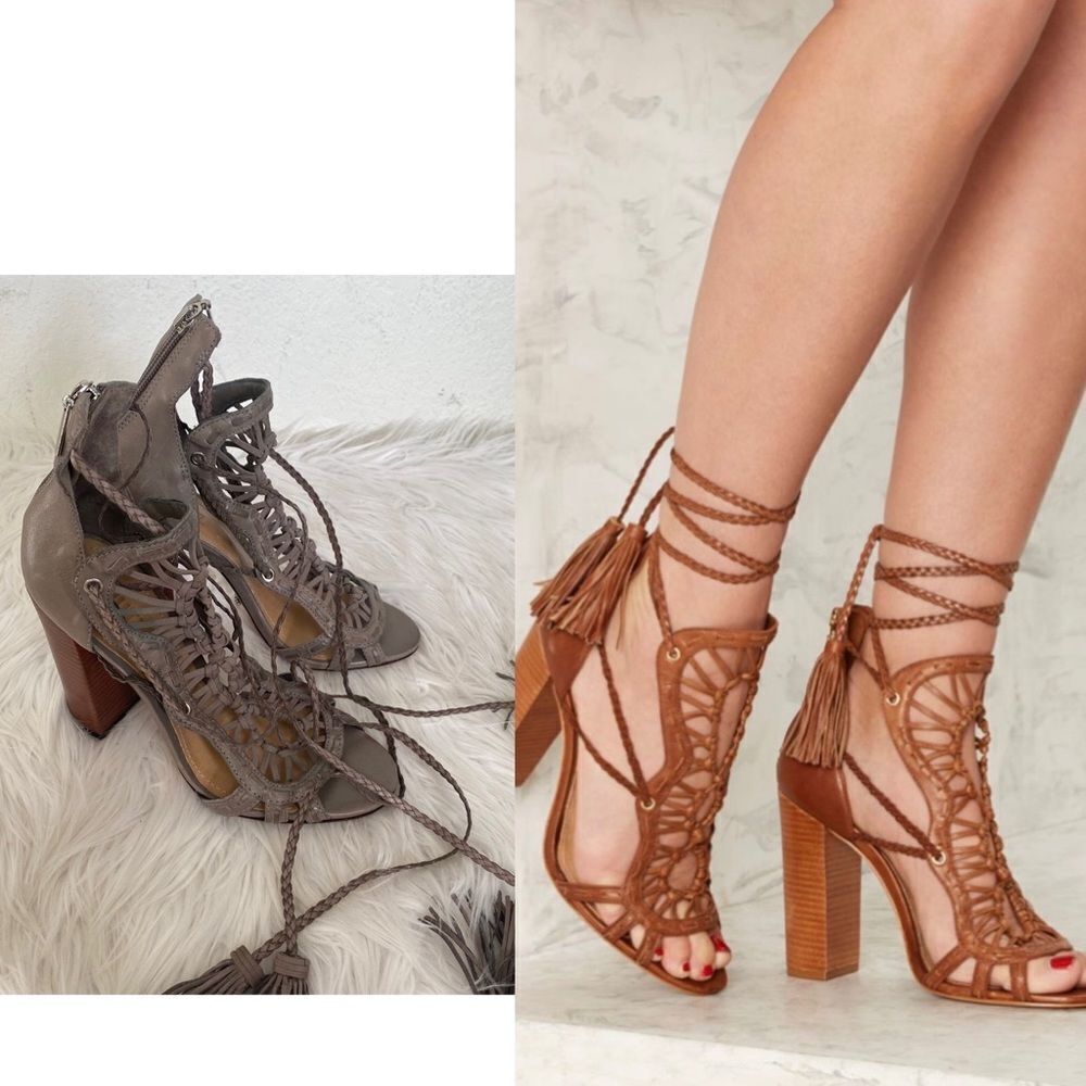 NEW SCHUTZ Dubai gladiator tassel leather block heel sandals taupe 6